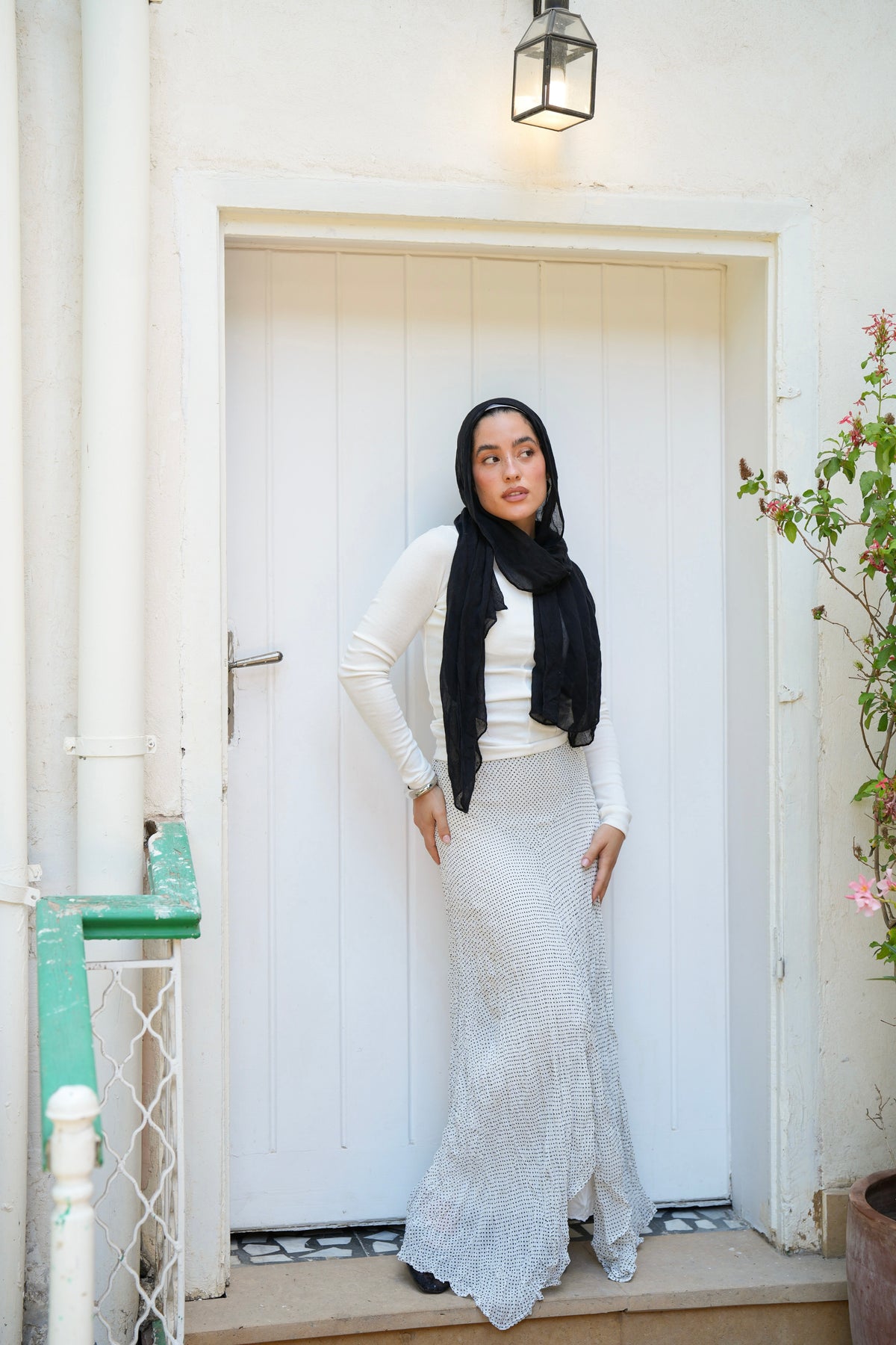 Lilia Crushed Skirt in Dotted Black x White