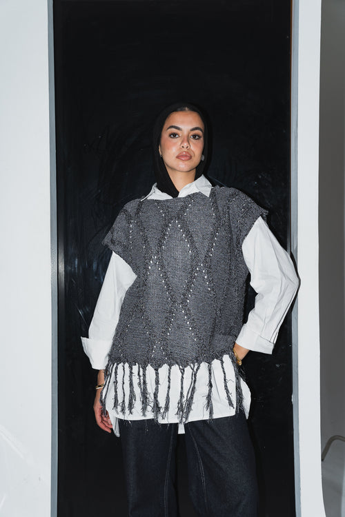 Crystal Mettalic Tassel Vest in Shimmer Dark Grey x Black