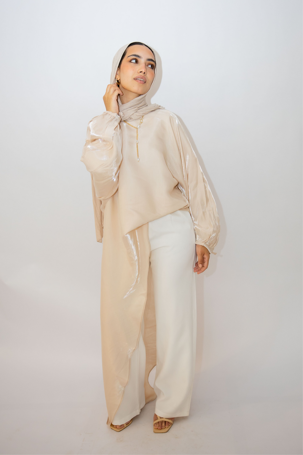 Asymmetrical Shimmer Top in Beige