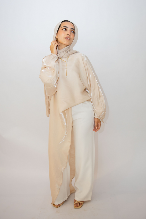 Asymmetrical Shimmer Top in Beige