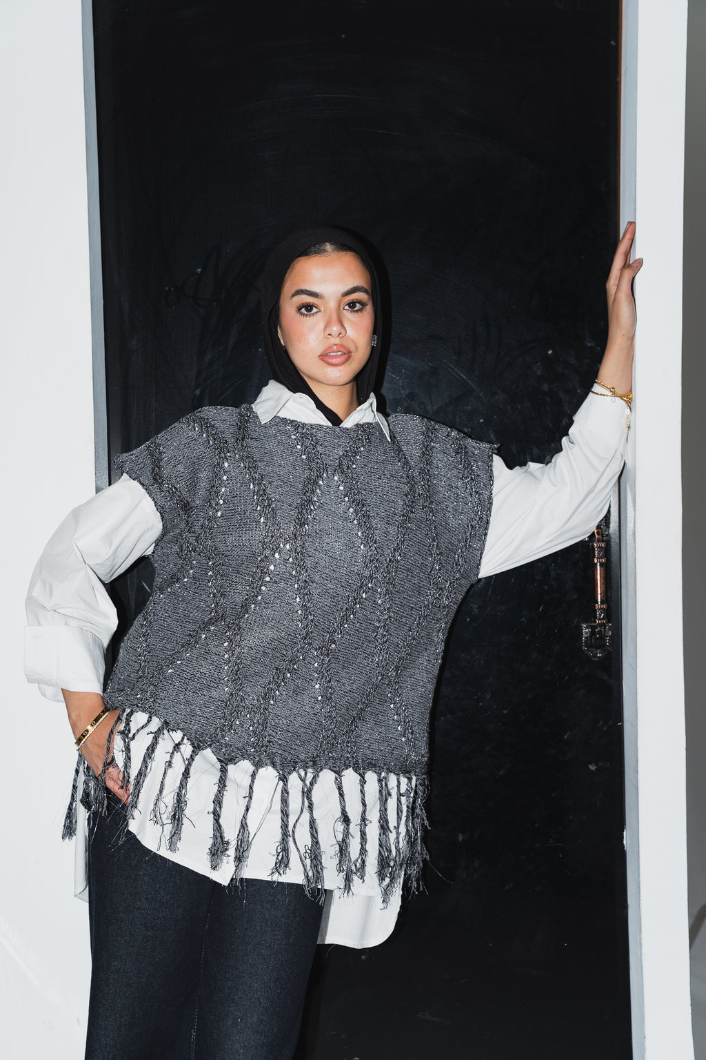 Crystal Mettalic Tassel Vest in Shimmer Dark Grey x Black