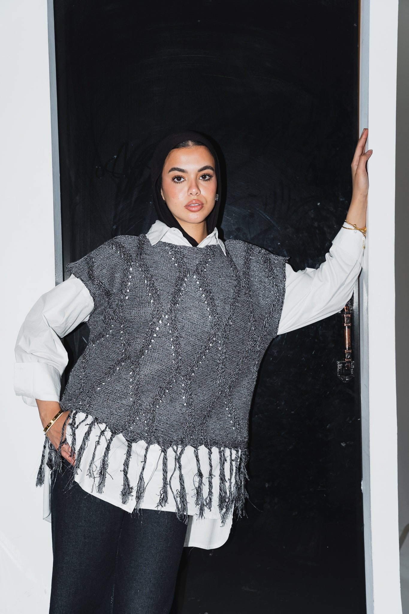 Crystal Mettalic Tassel Vest in Shimmer Dark Grey x Black