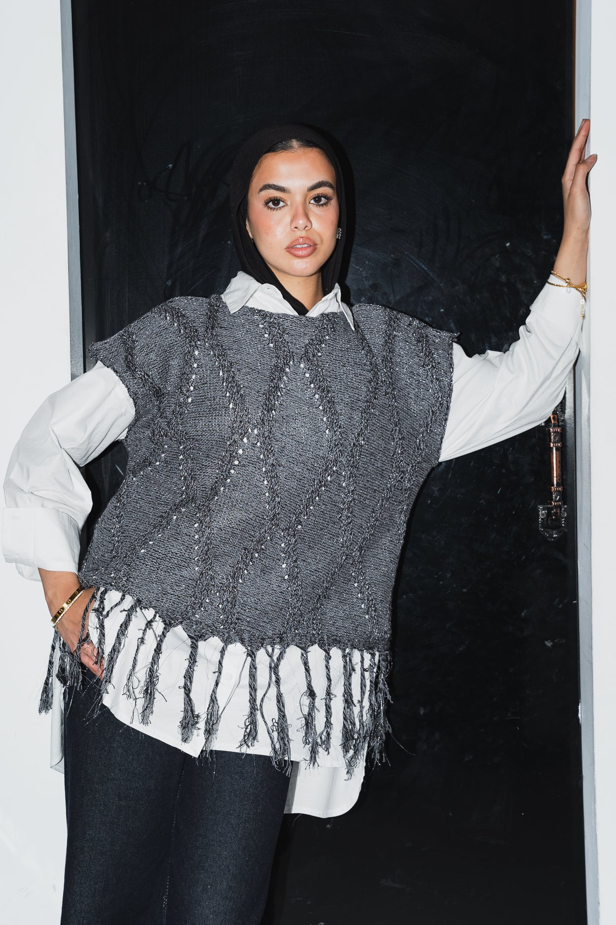 Crystal Mettalic Tassel Vest in Shimmer Dark Grey x Black