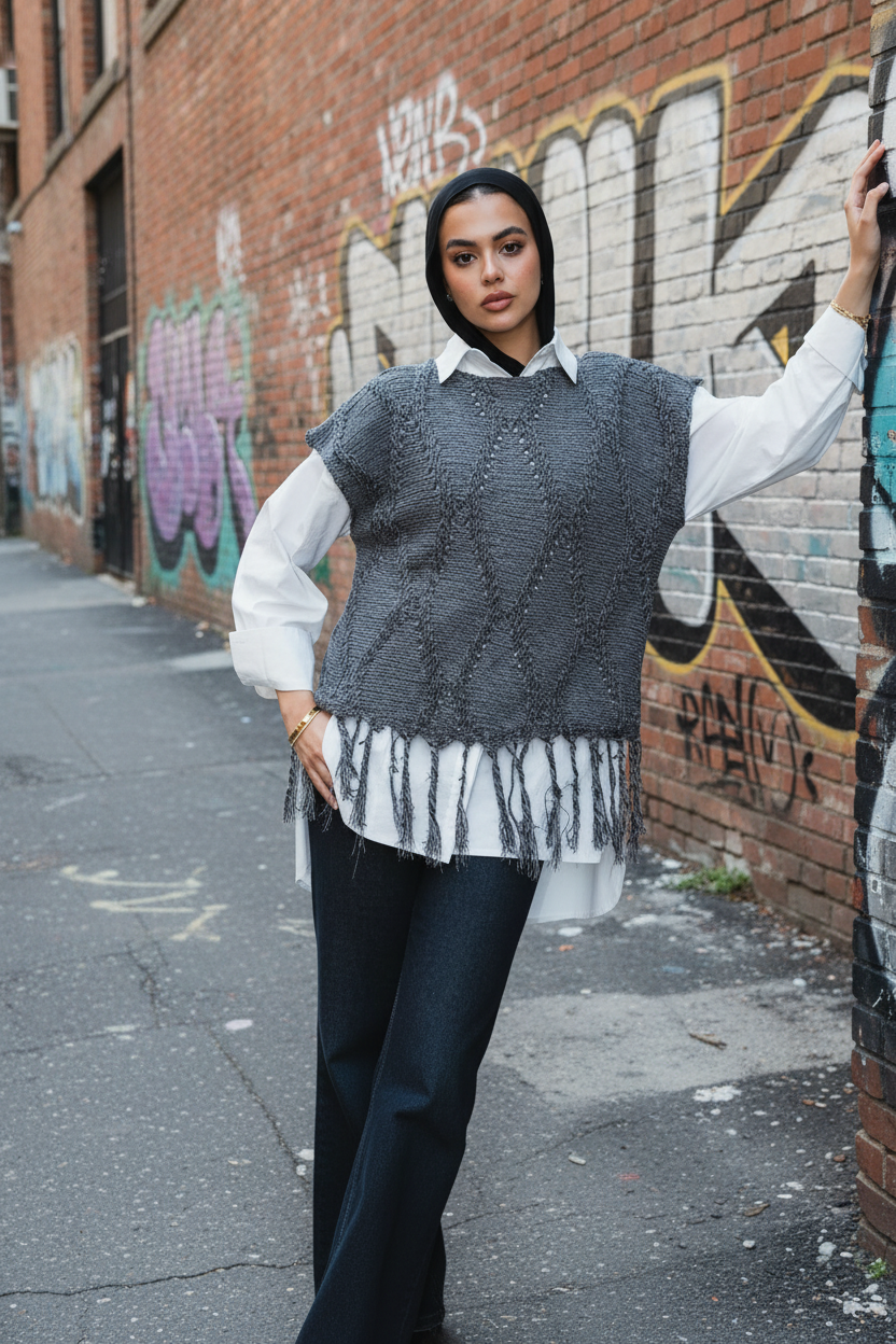 Crystal Mettalic Tassel Vest in Shimmer Dark Grey x Black
