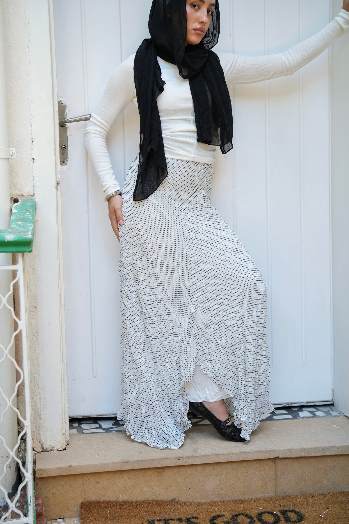 Lilia Crushed Skirt in Dotted Black x White
