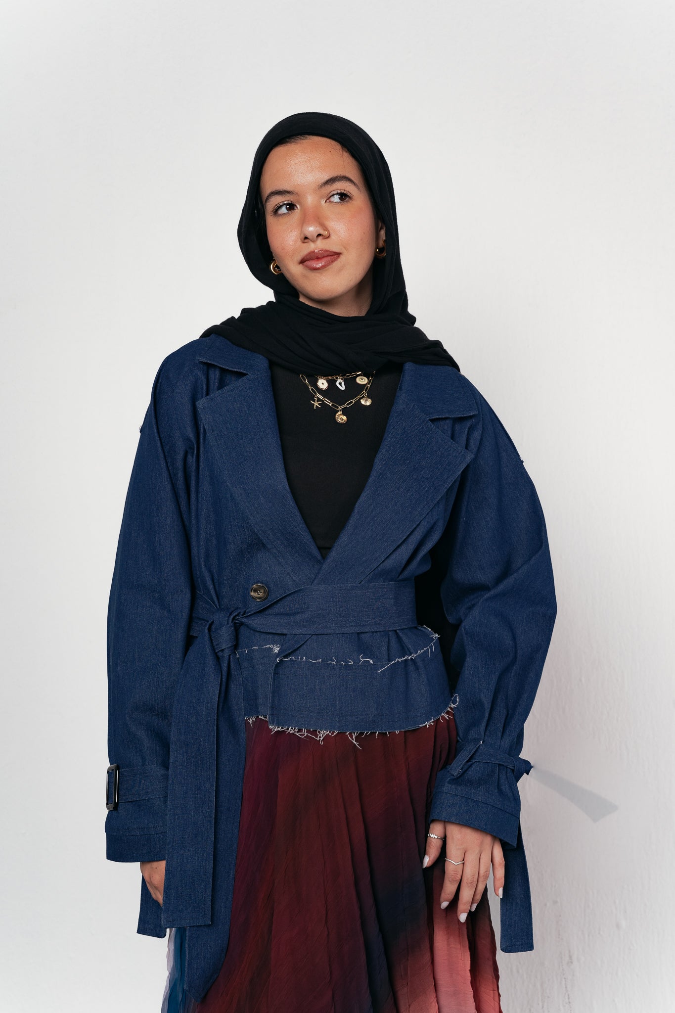 Cropped Trench Coat in Denim