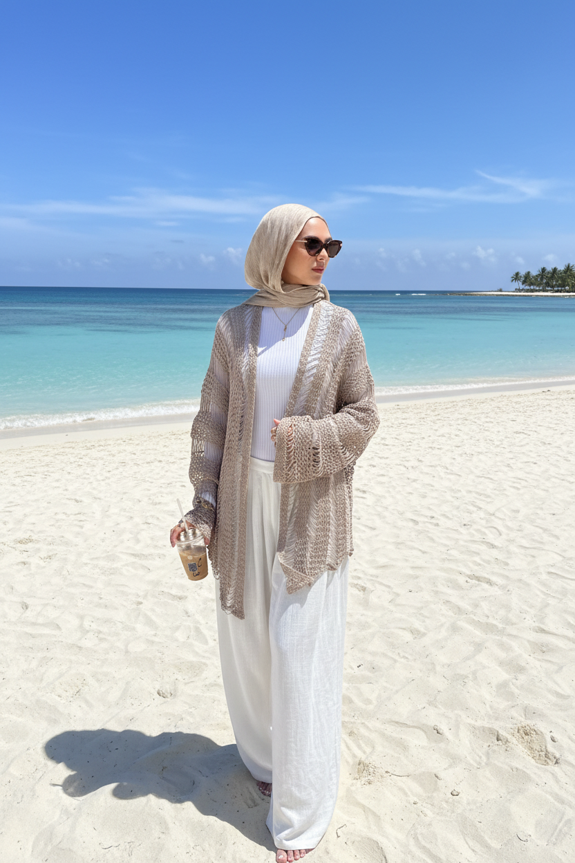 Coastal Crochet Cardigan in Cafe