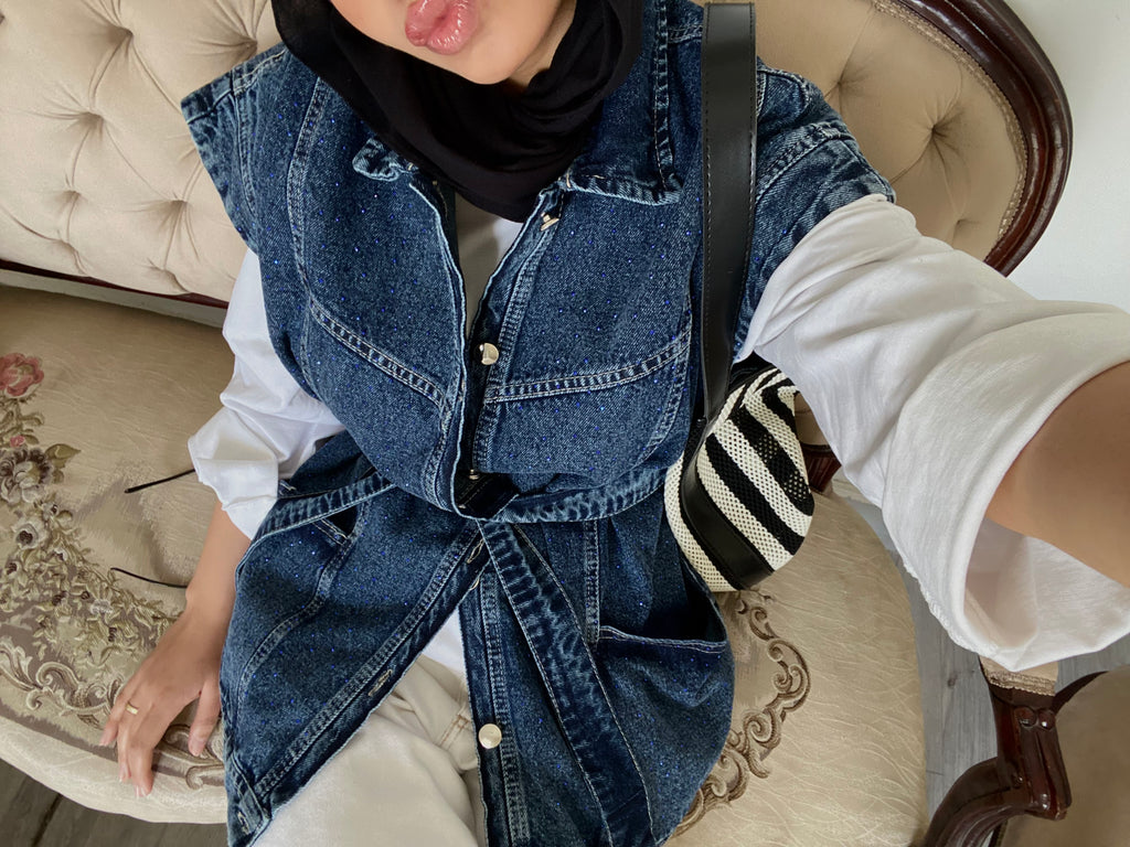 STUDDED Denim Vest in Dark blue