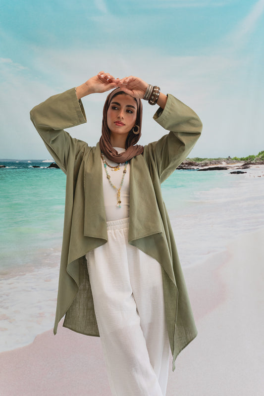 Asymmetrical Linen Petal kimono in Sage