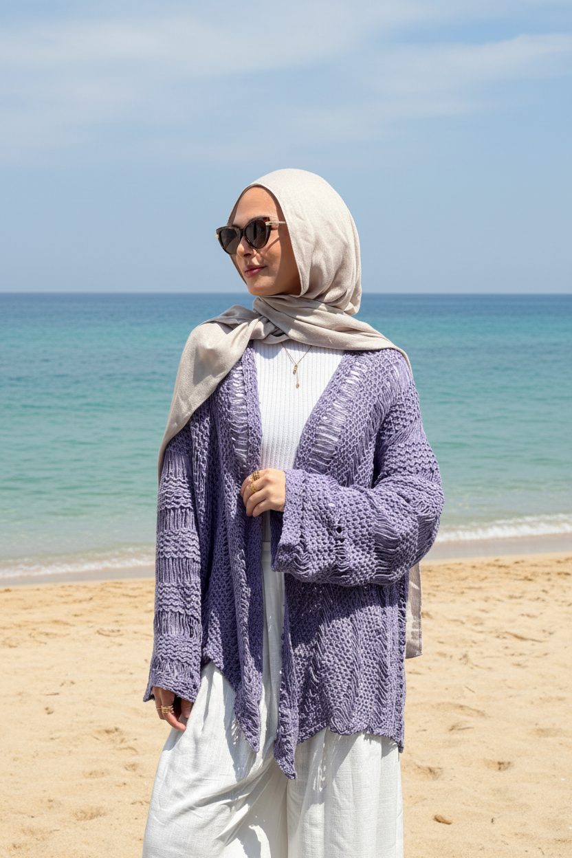 Coastal Crochet Cardigan in Light Purple