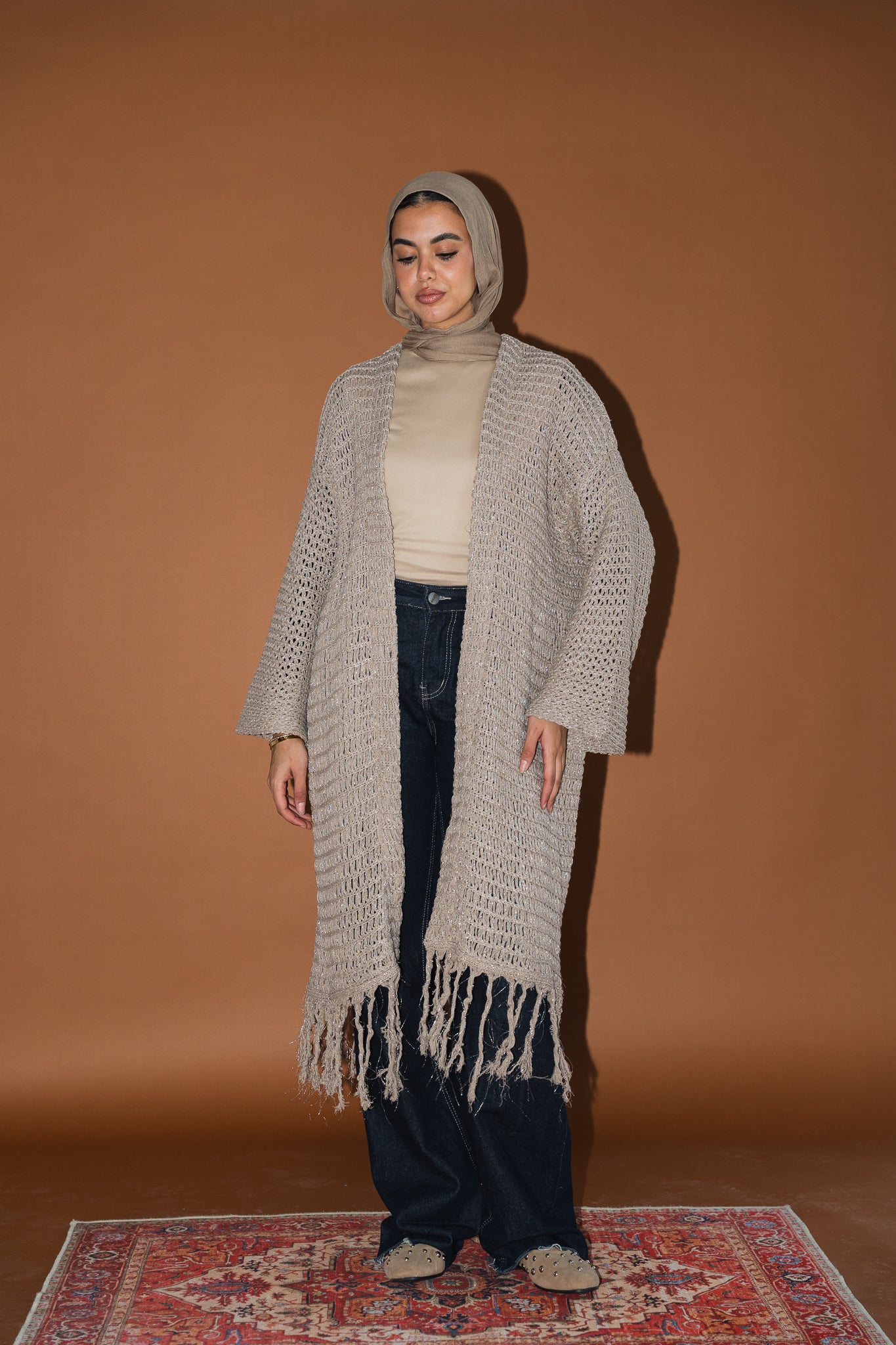 Threads of Charm Cardigan in Shimmer Cafe.