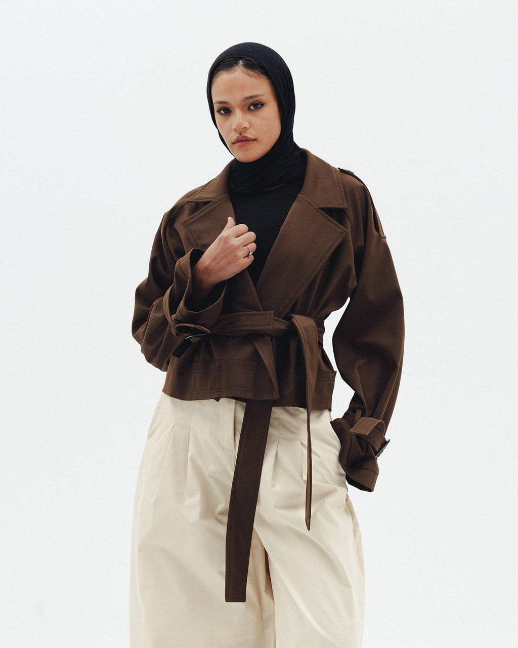 Cropped Trench Coat in Brown