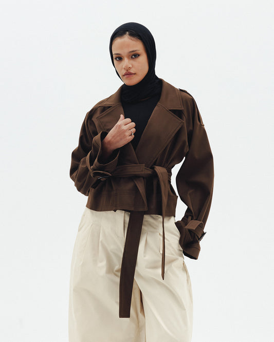 Cropped Trench Coat in Brown