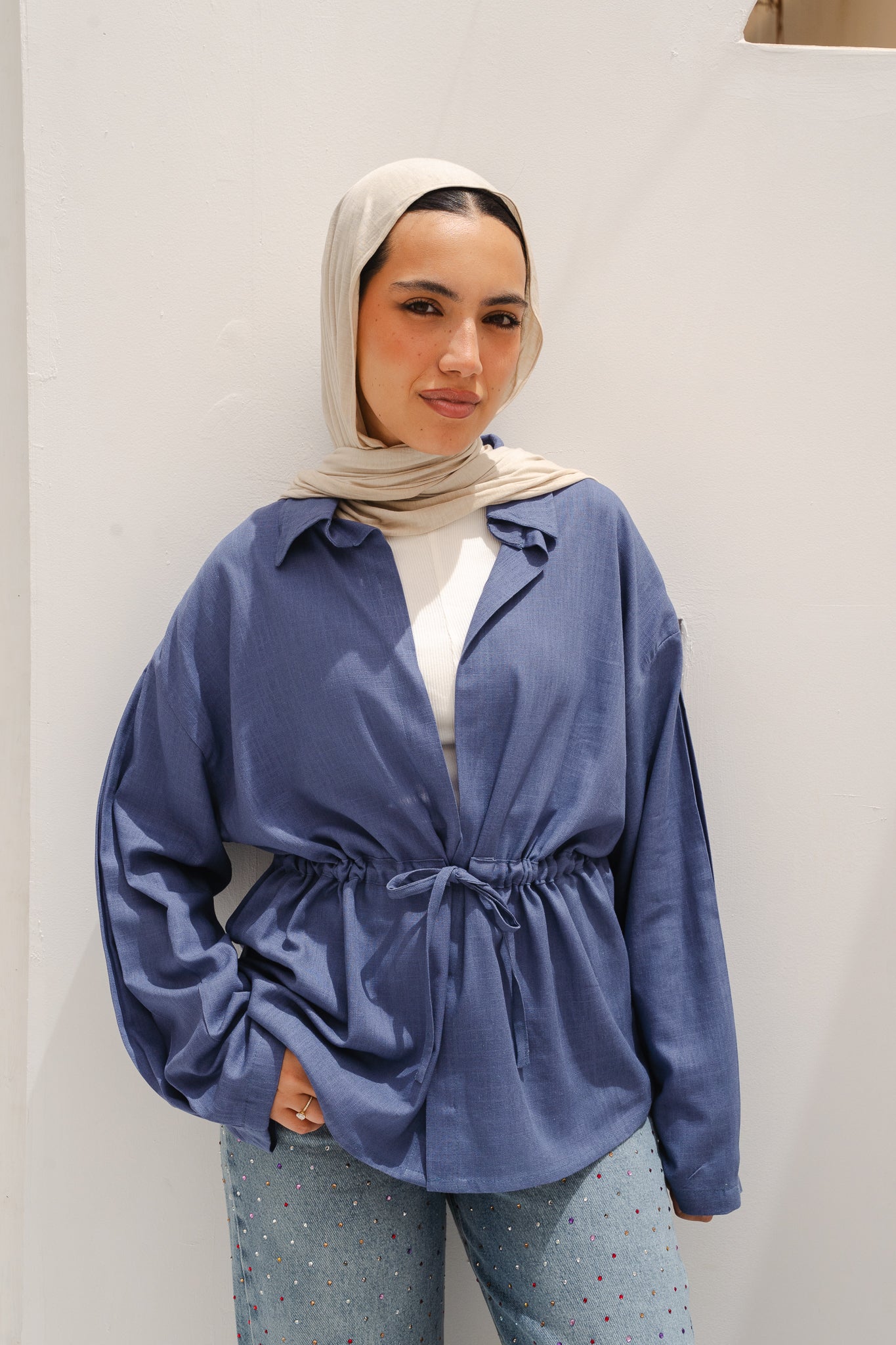 Slay You Girl Linen Top in Blue