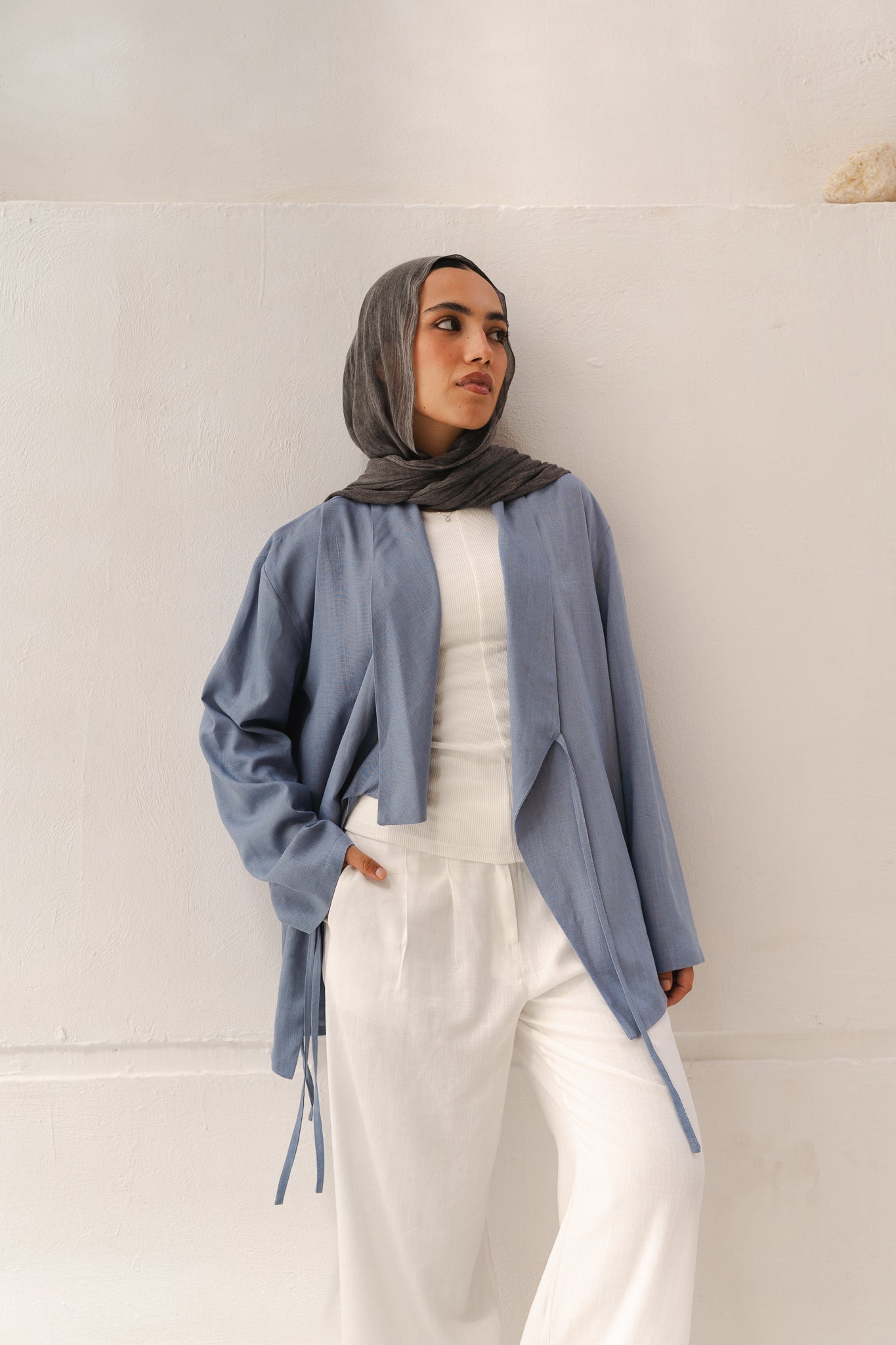Side Tie Linen Top in Blue