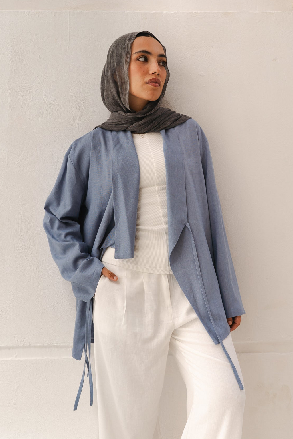 Side Tie Linen Top in Blue