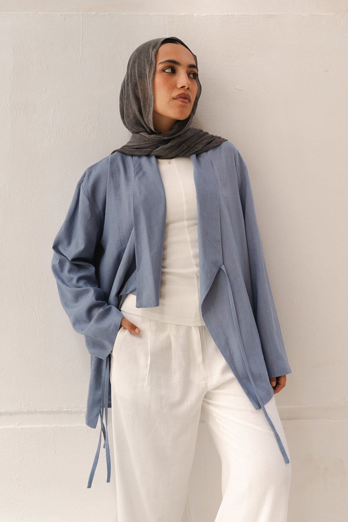Side Tie Linen Top in Blue