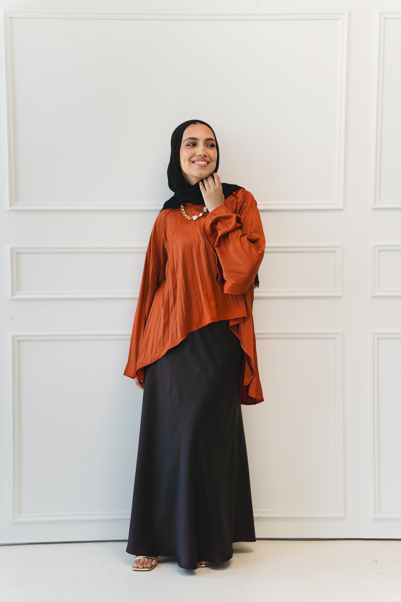 Satin Pleats Top in Brick