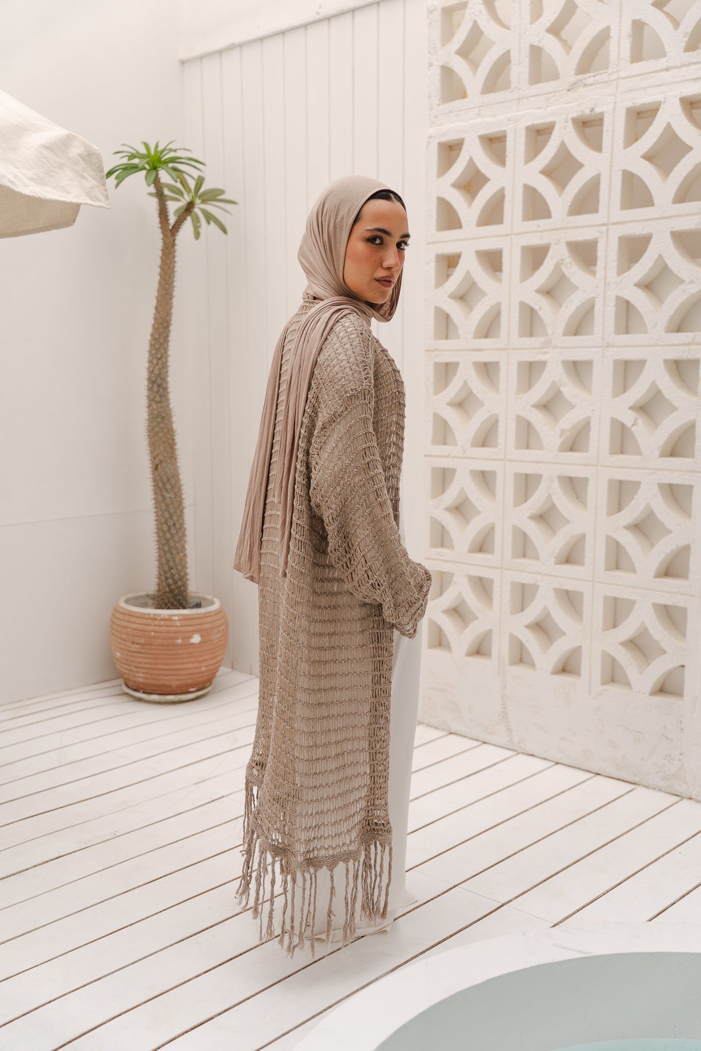 Threads of Charm Cardigan in Shimmer Cafe.