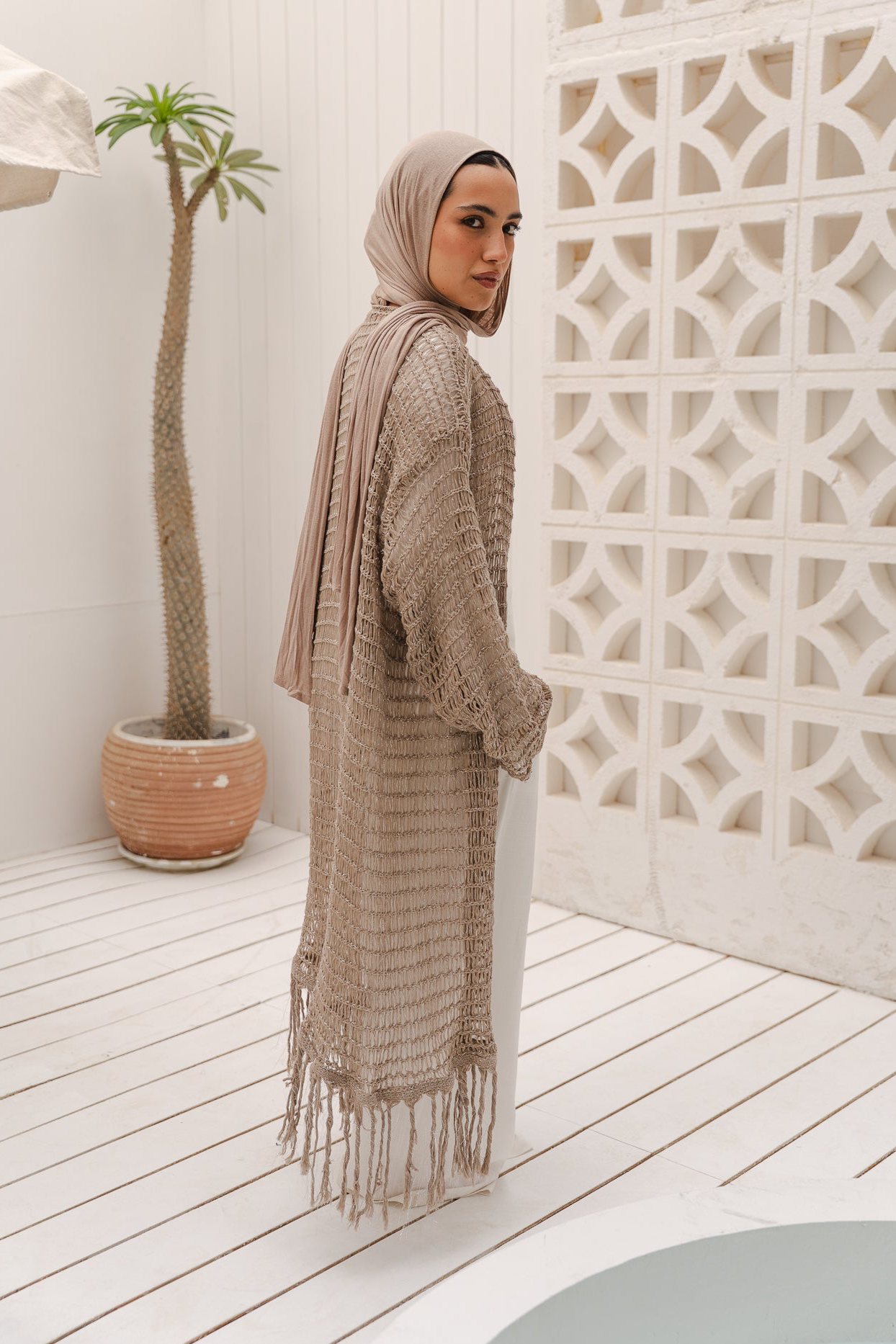 Threads of Charm Cardigan in Shimmer Cafe.