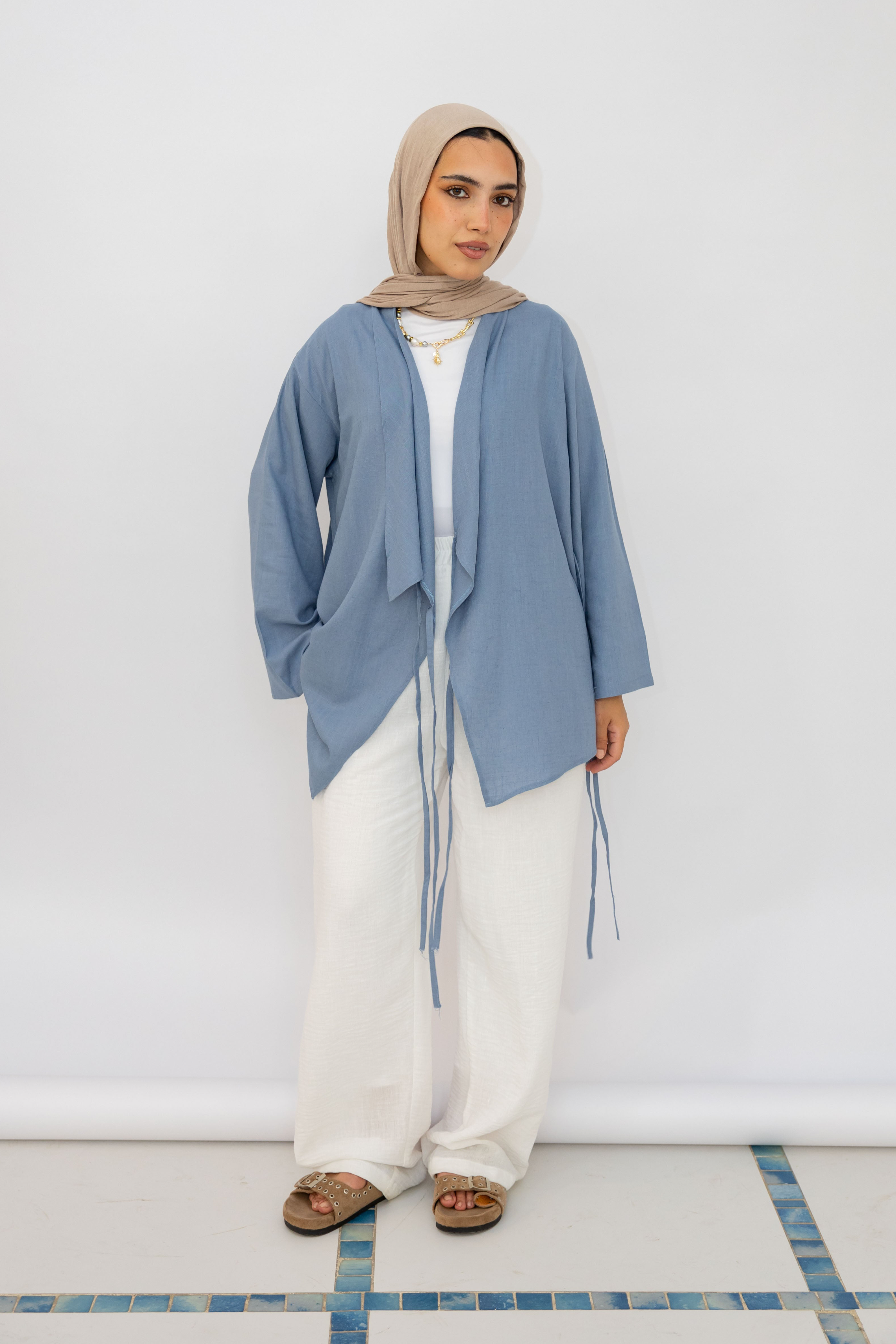 Side Tie Linen Top in Blue