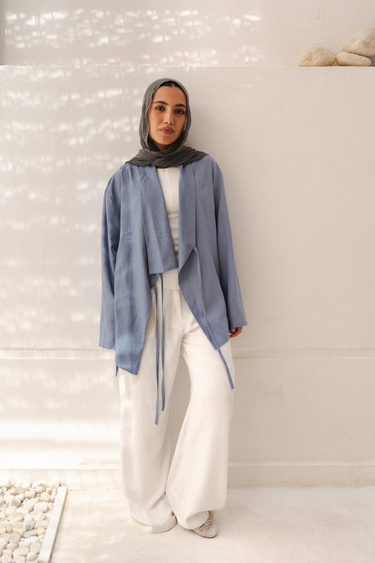 Side Tie Linen Top in Blue