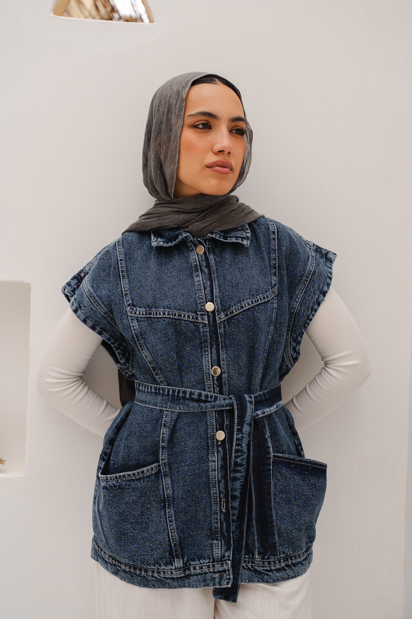 STUDDED Denim Vest in Dark blue
