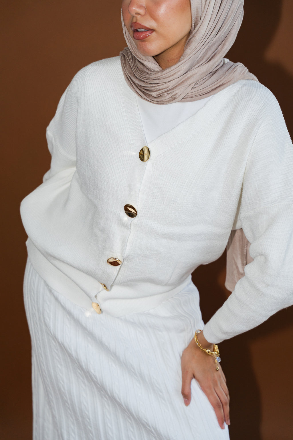 Gold Buttons Knit Crop Cardigan in White