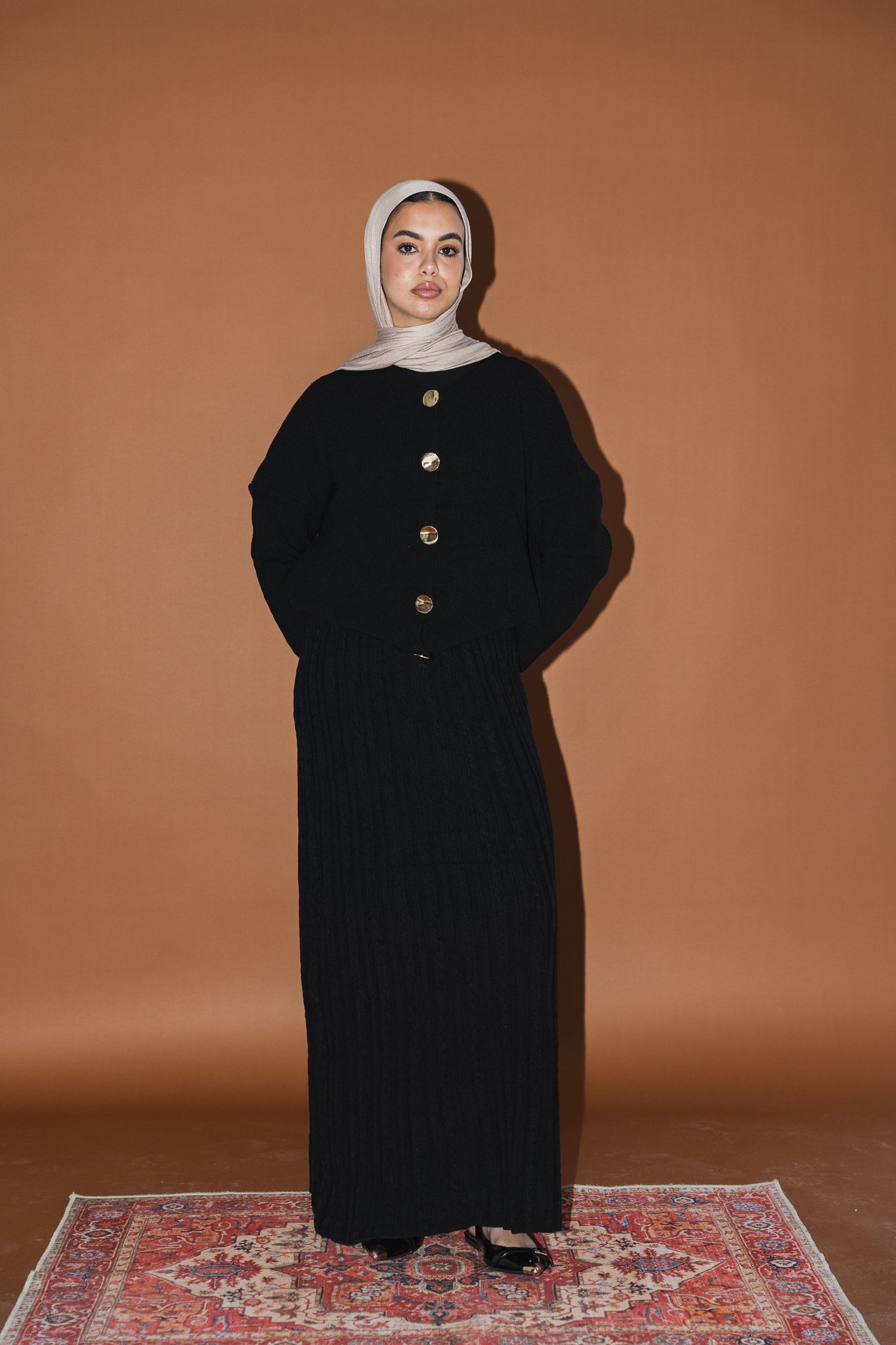 Gold Buttons Knit Crop Cardigan in Black