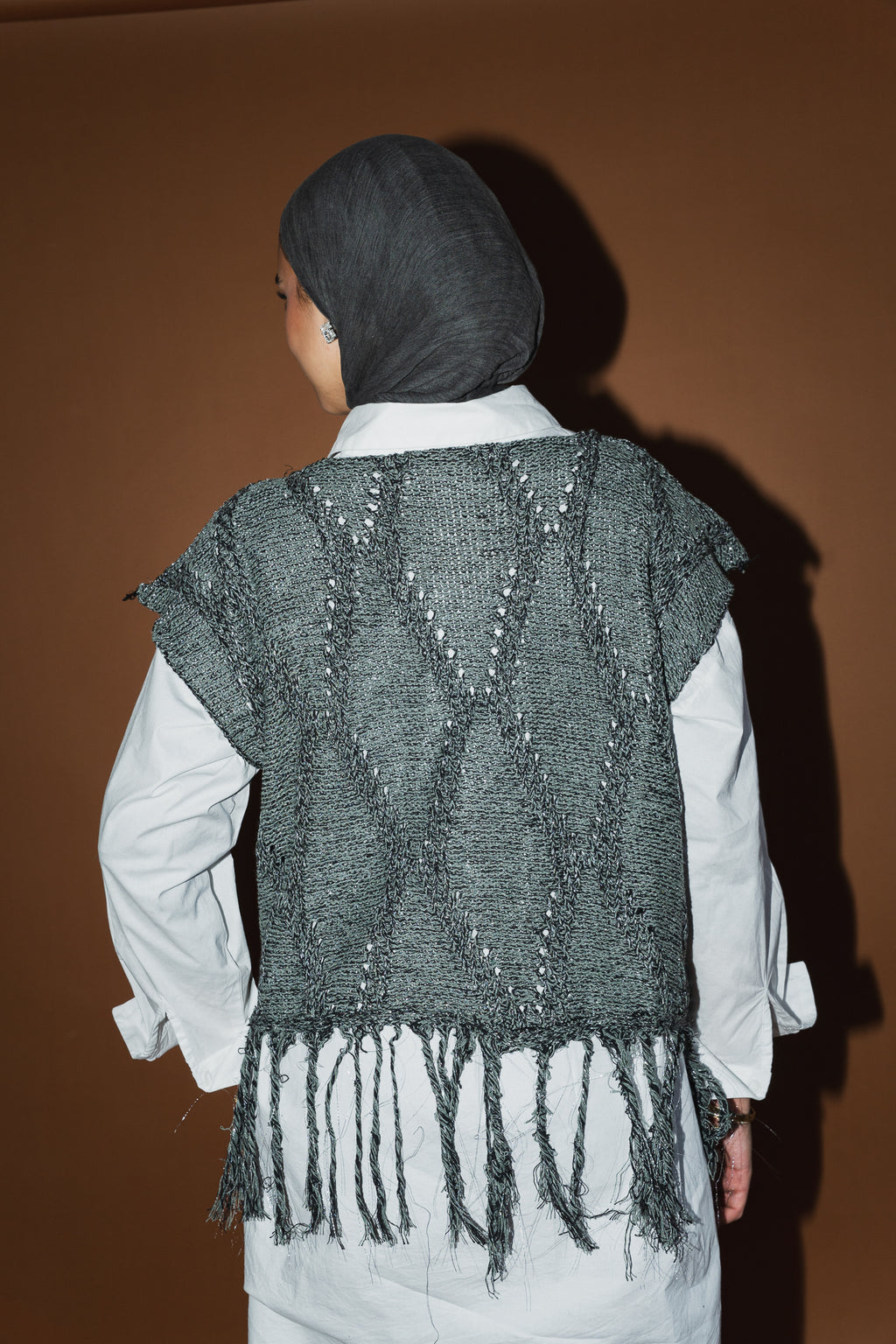 Crystal Mettalic Tassel Vest in Shimmer Olive x Black