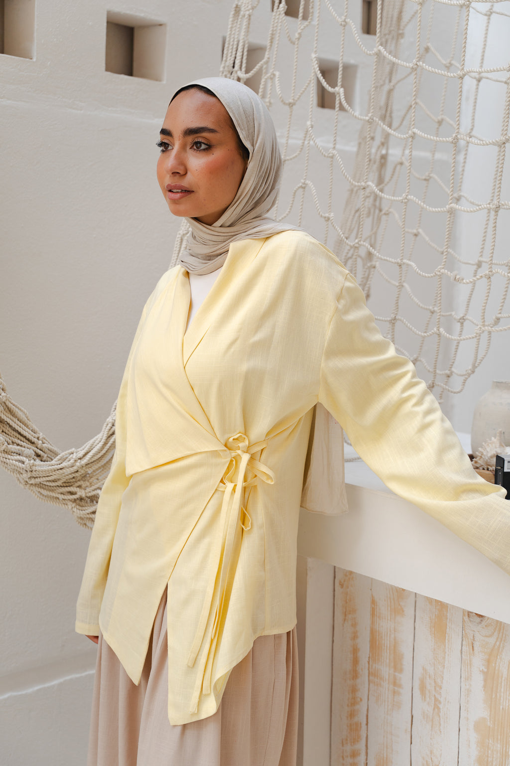 Side Tie Linen Top in Yellow