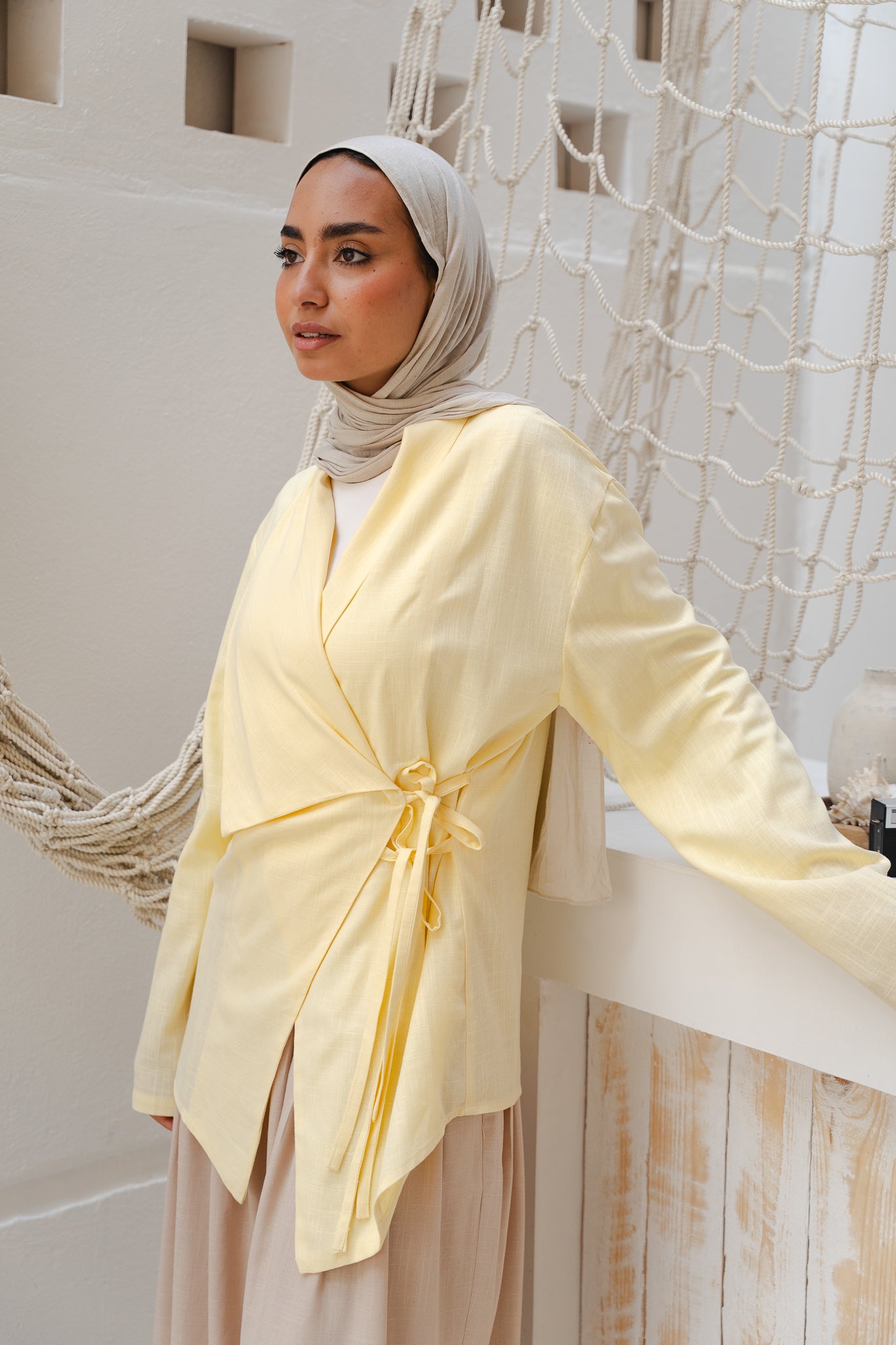 Side Tie Linen Top in Yellow