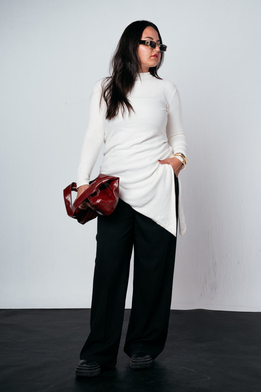 Warm Knit Asymmetrical Top in Off white