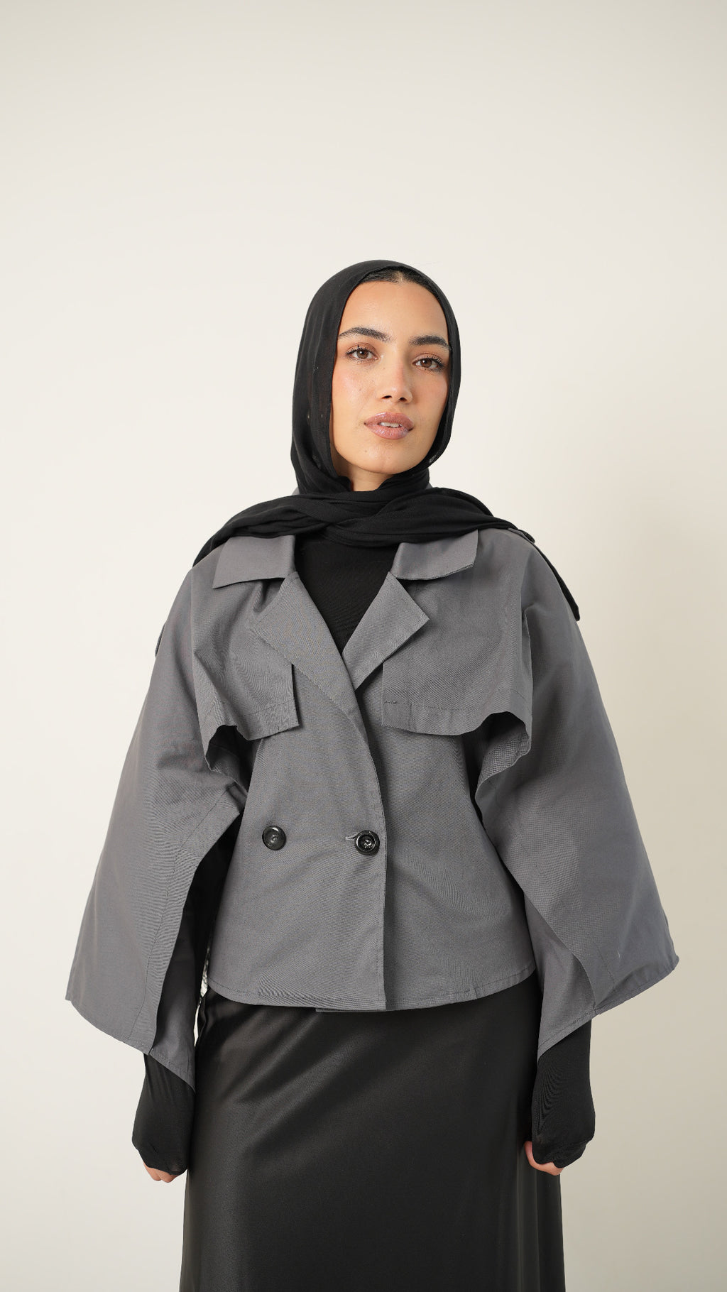 Drape Cropped Trench Coat in Gray