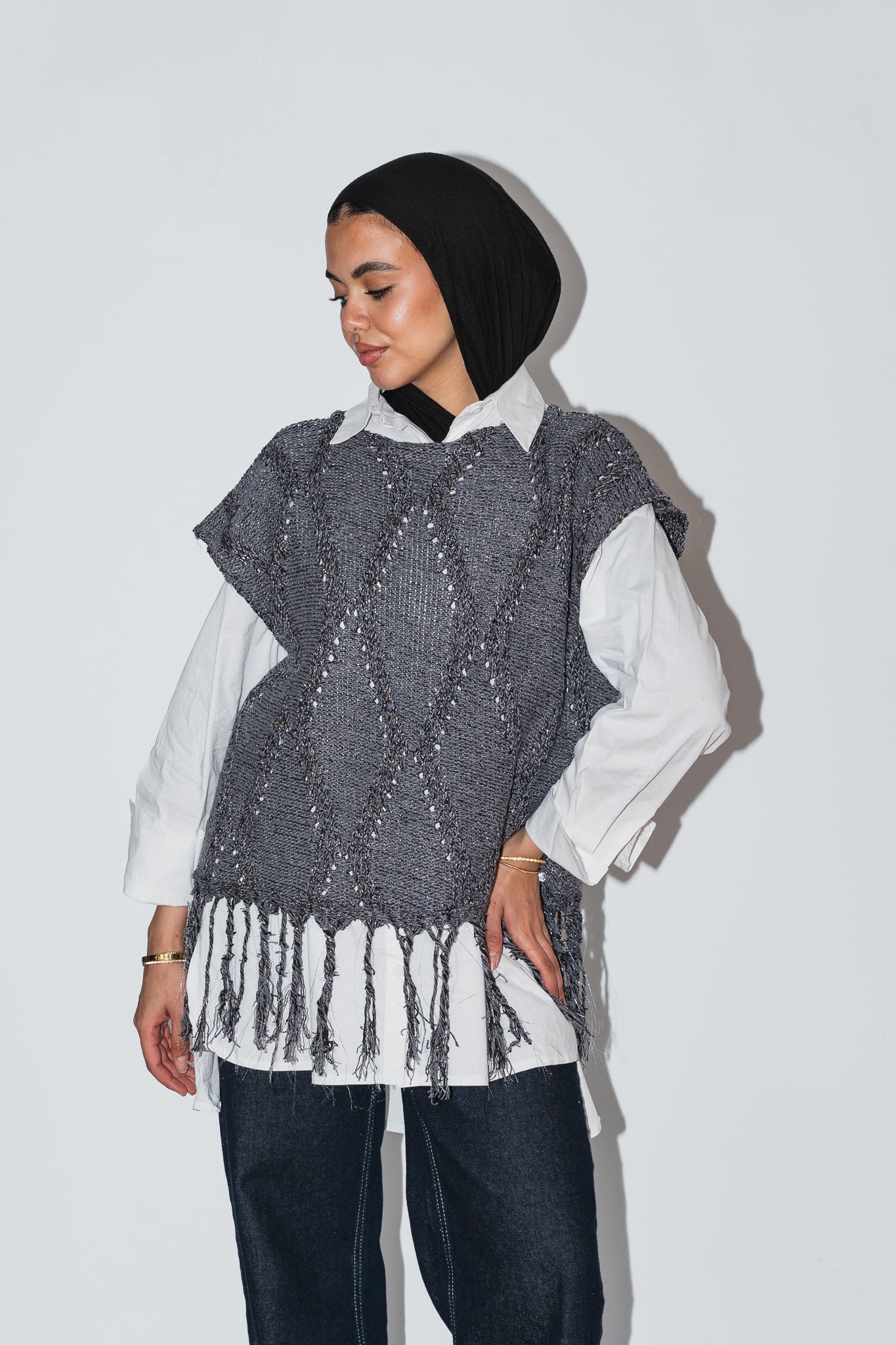 Crystal Mettalic Tassel Vest in Shimmer Dark Grey x Black