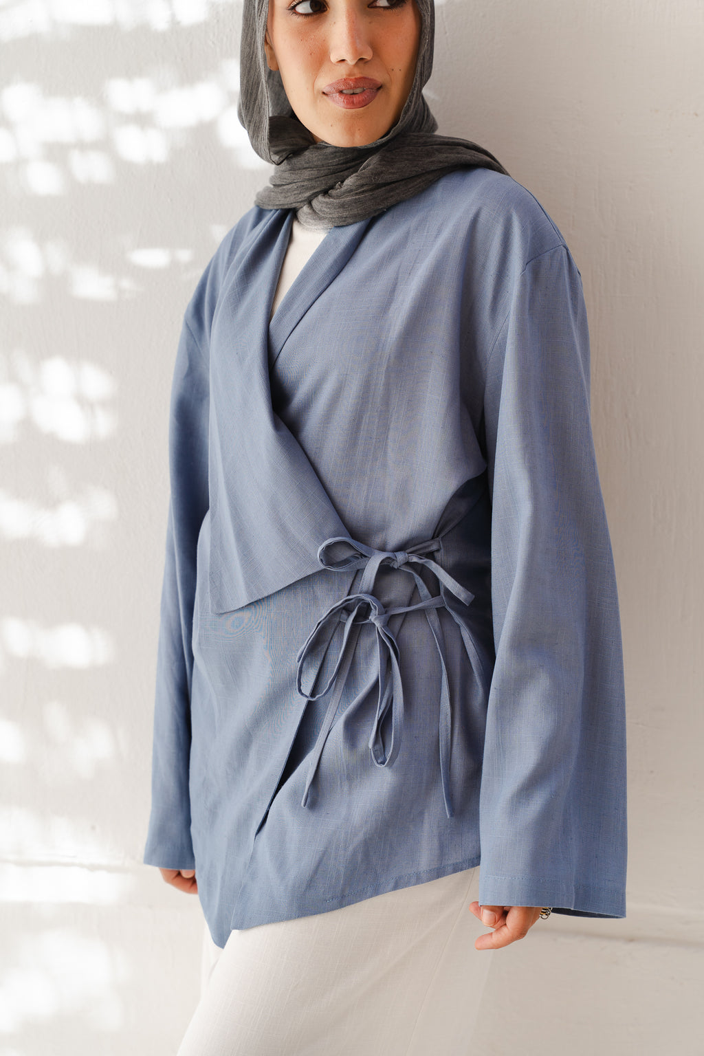 Side Tie Linen Top in Blue