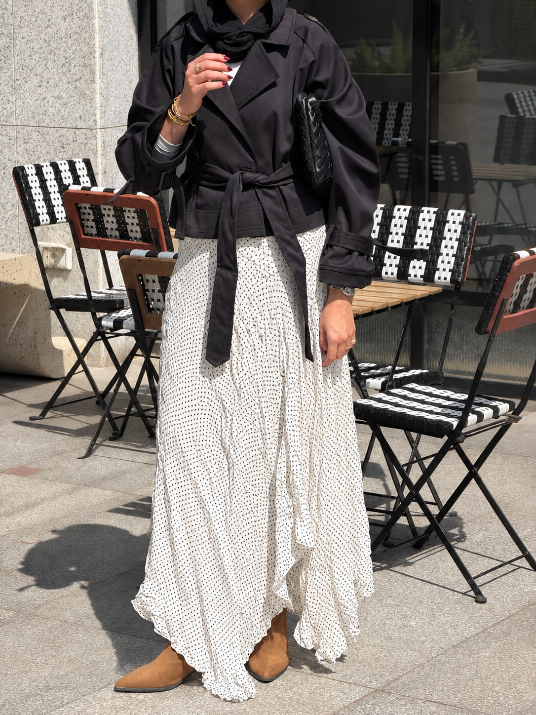 Lilia Crushed Skirt in Dotted Black x White