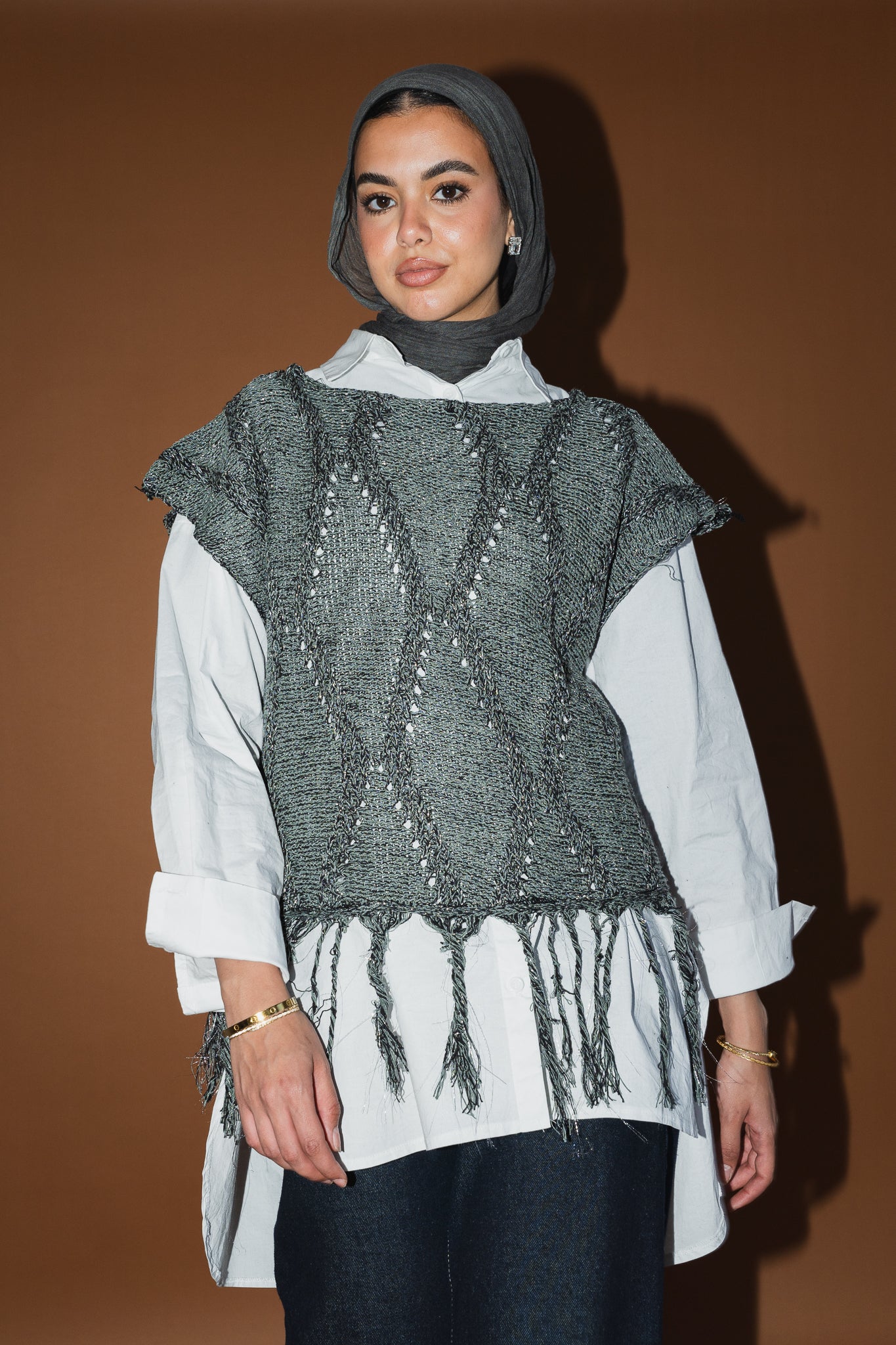 Crystal Mettalic Tassel Vest in Shimmer Olive x Black