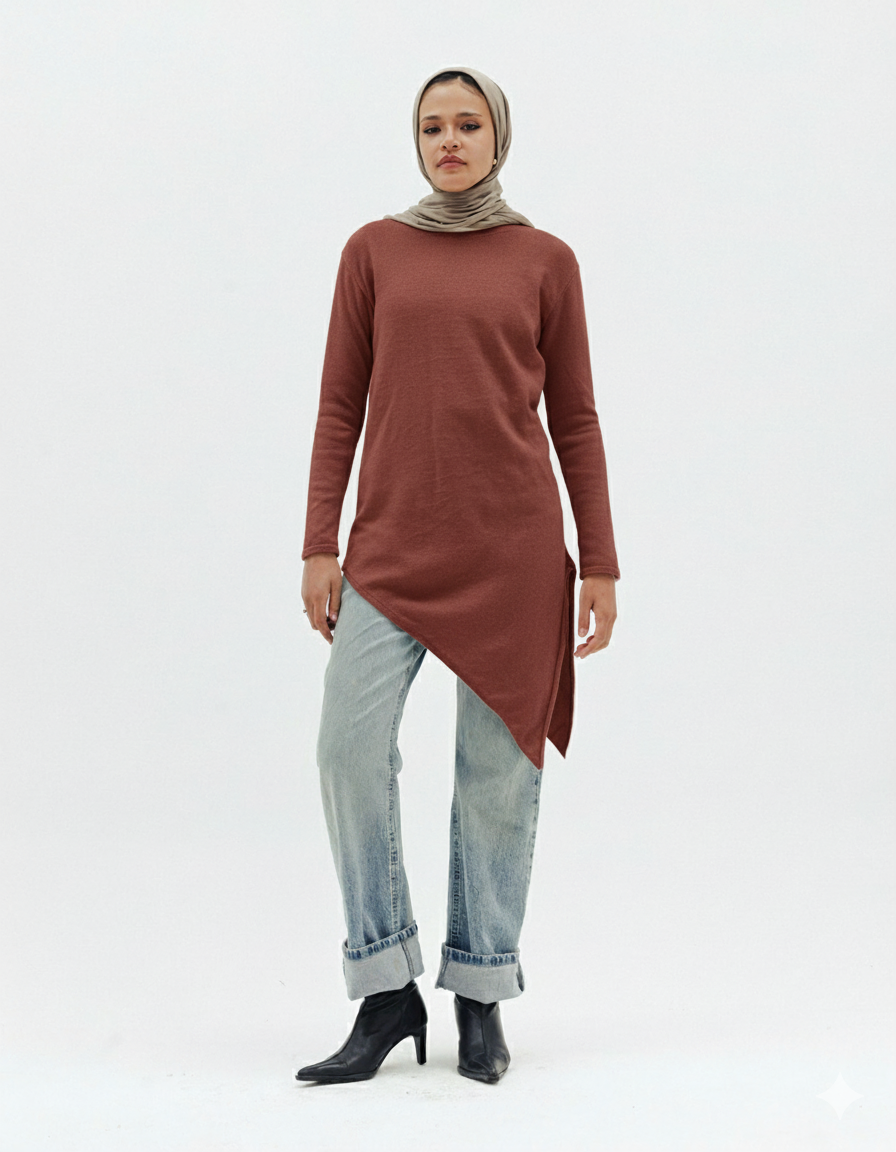 Warm Knit Asymmetrical Top in Brown