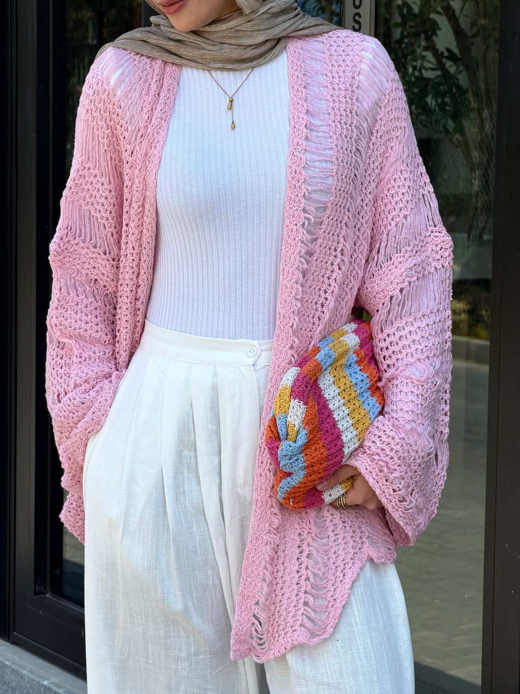 Coastal Crochet Cardigan in Baby Pink
