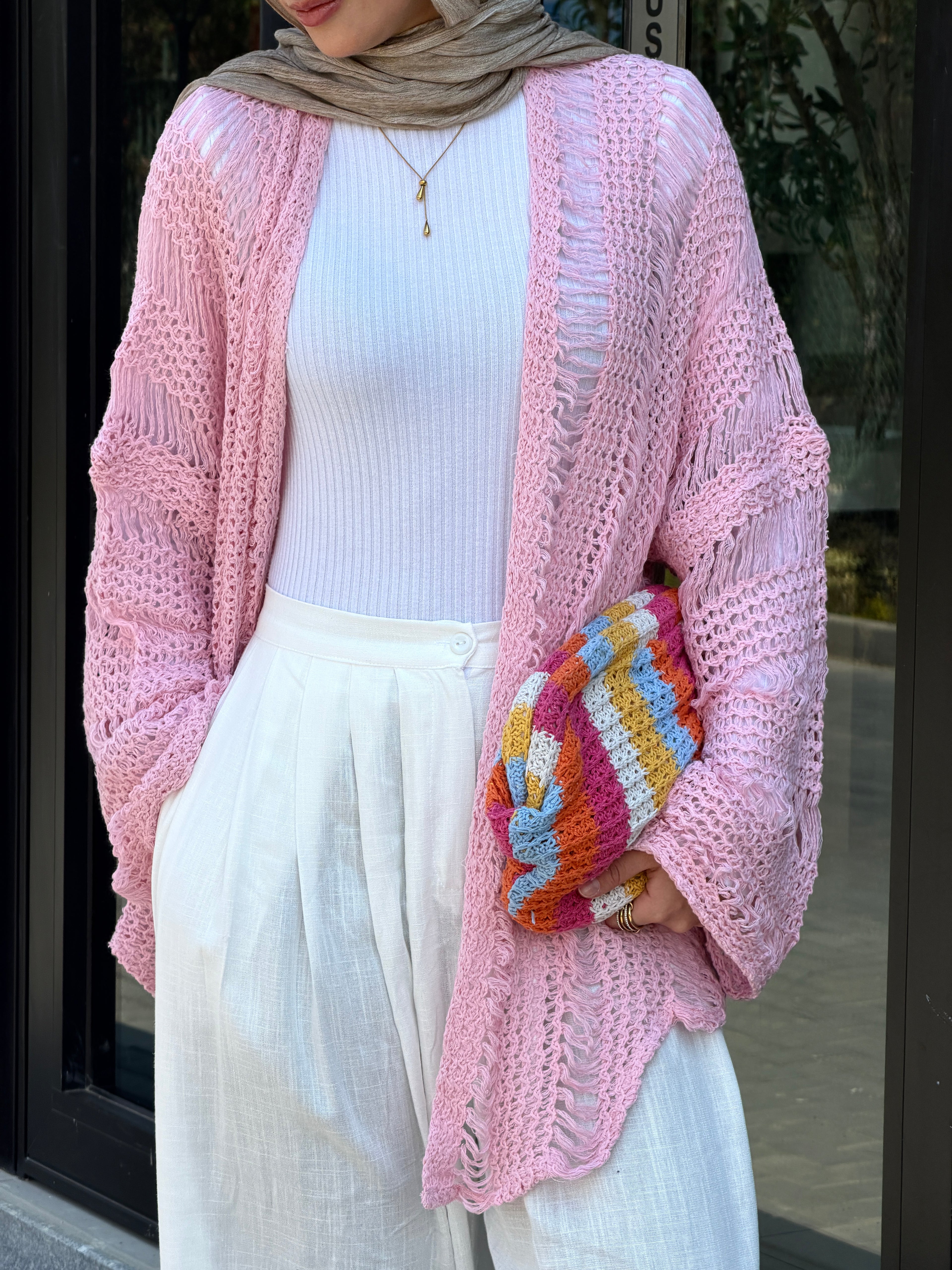 Coastal Crochet Cardigan in Baby Pink