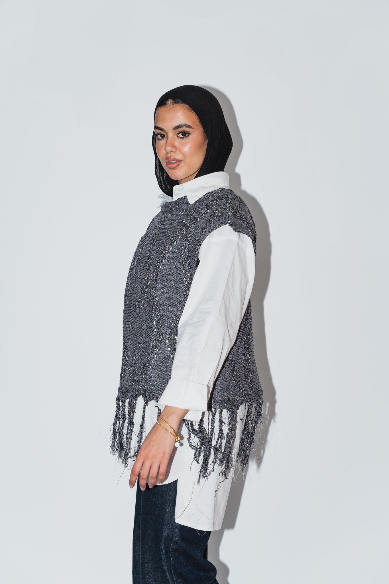 Crystal Mettalic Tassel Vest in Shimmer Dark Grey x Black