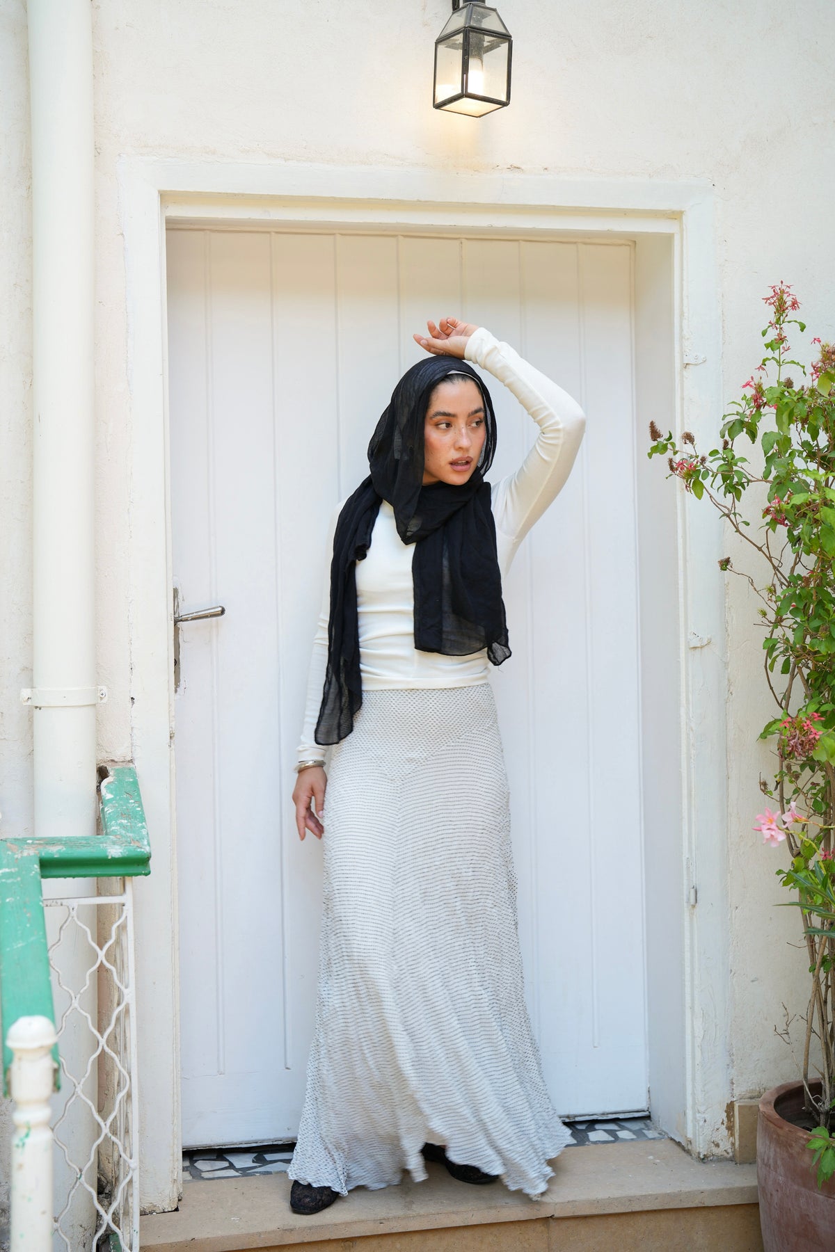 Lilia Crushed Skirt in Dotted Black x White