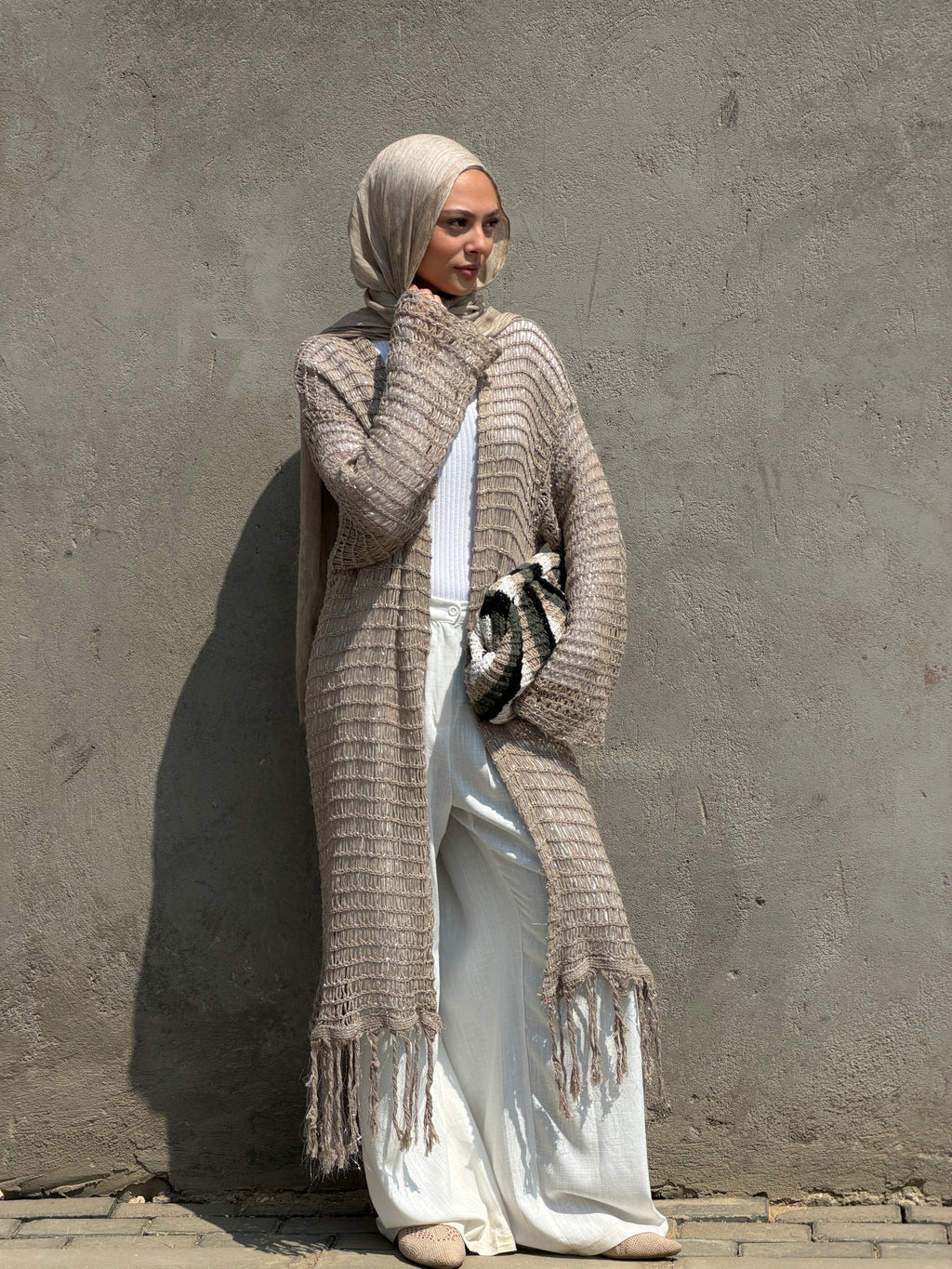 Threads of Charm Cardigan in Shimmer Cafe.