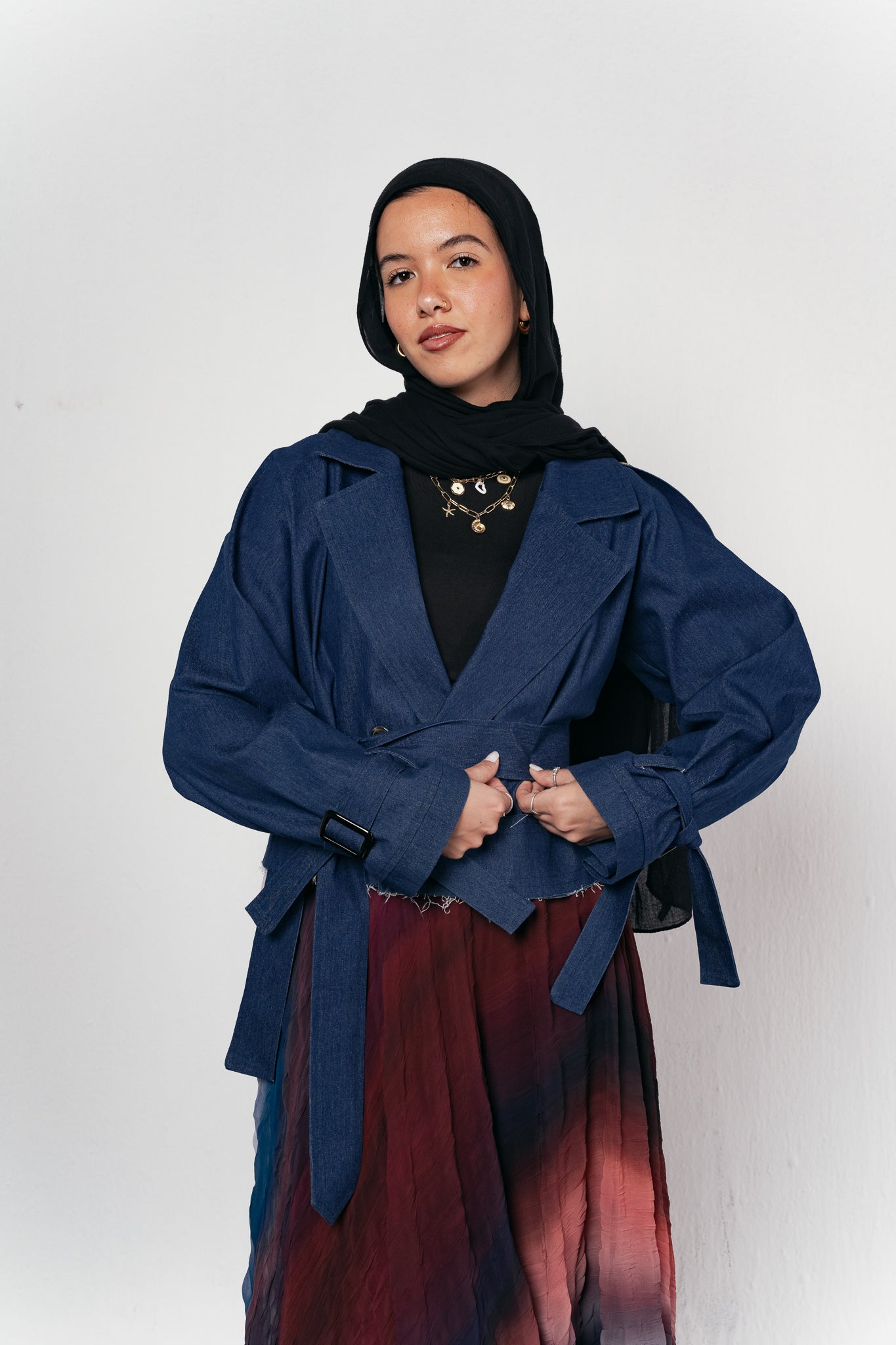 Cropped Trench Coat in Denim