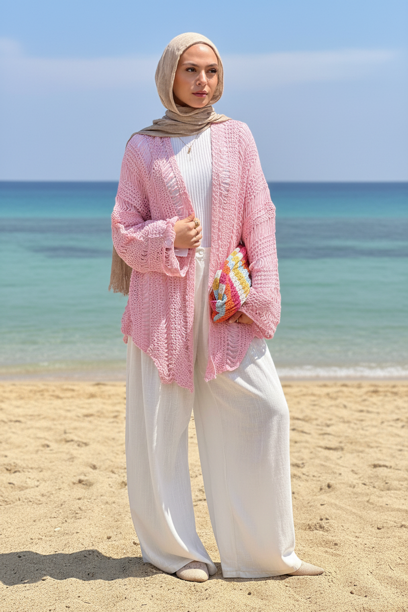 Coastal Crochet Cardigan in Baby Pink