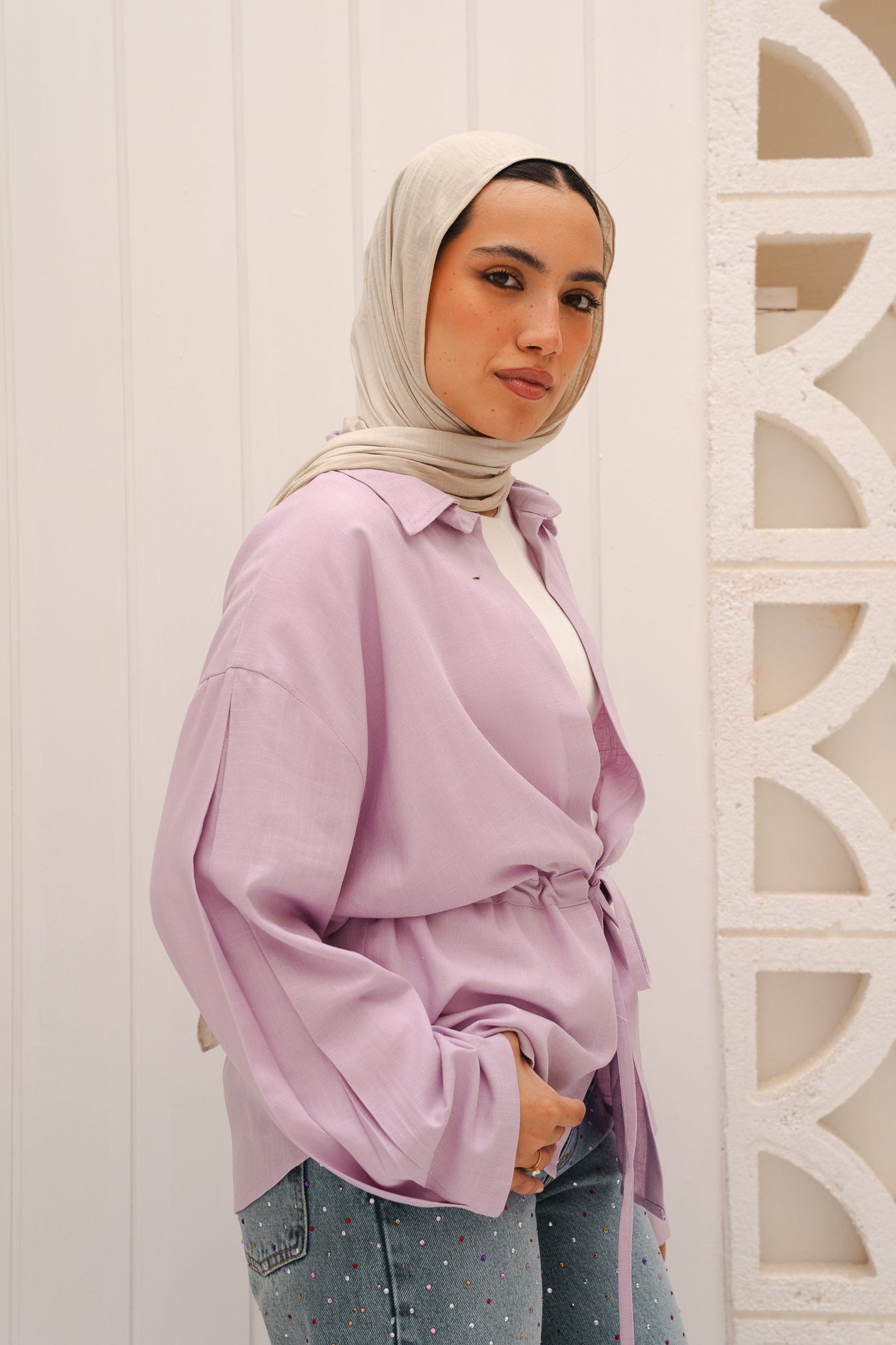Slay You Girl Linen Top in Lilac