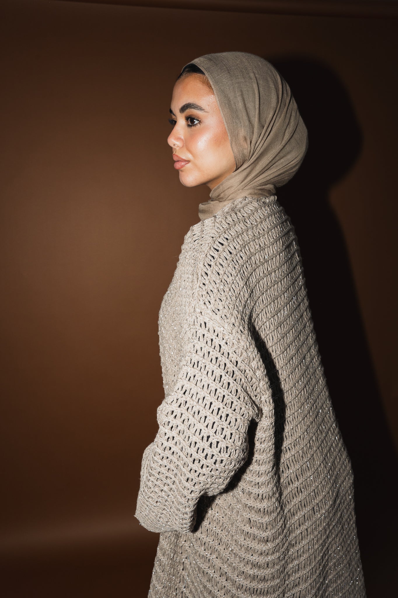 Threads of Charm Cardigan in Shimmer Cafe.