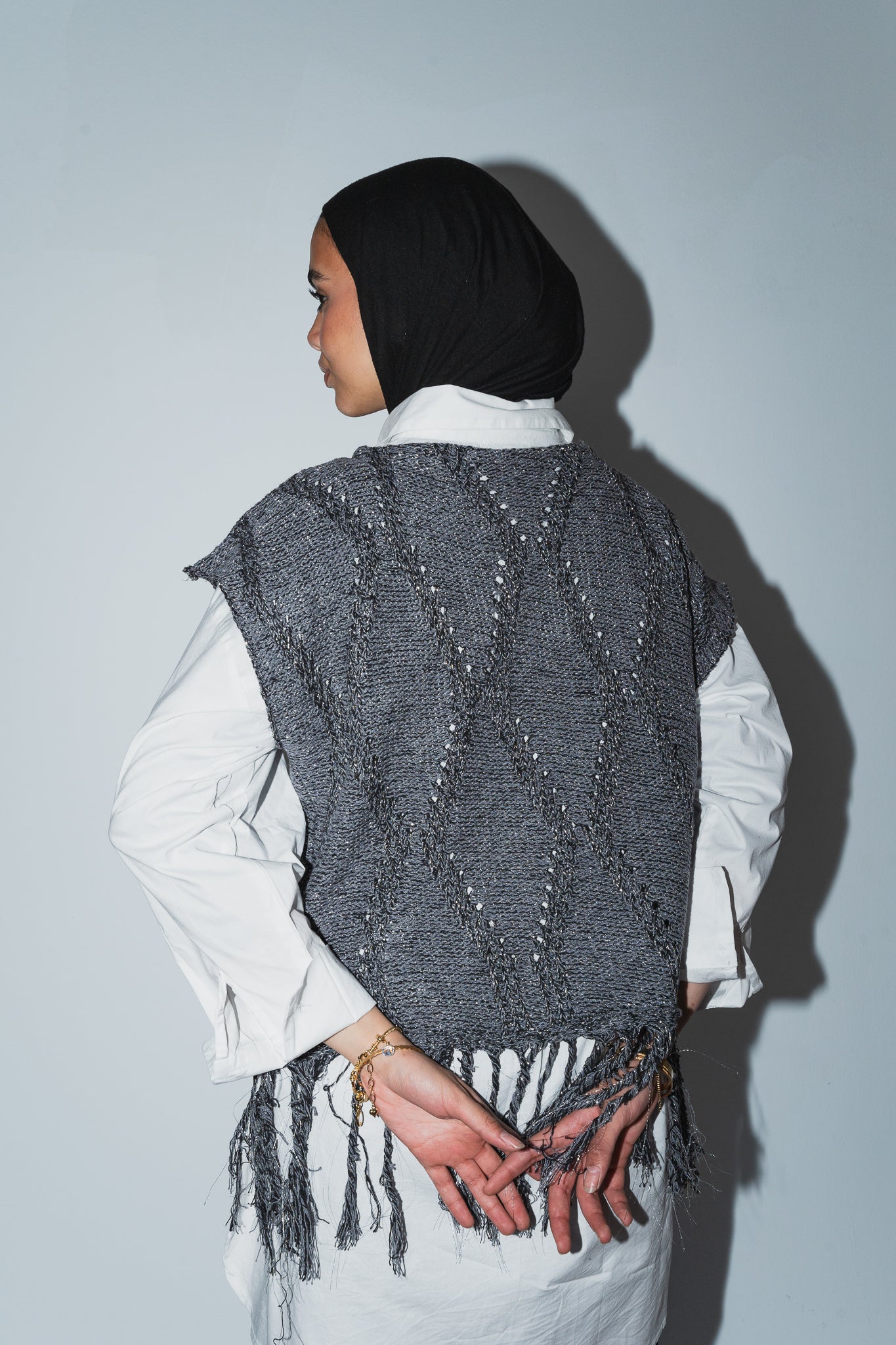 Crystal Mettalic Tassel Vest in Shimmer Dark Grey x Black