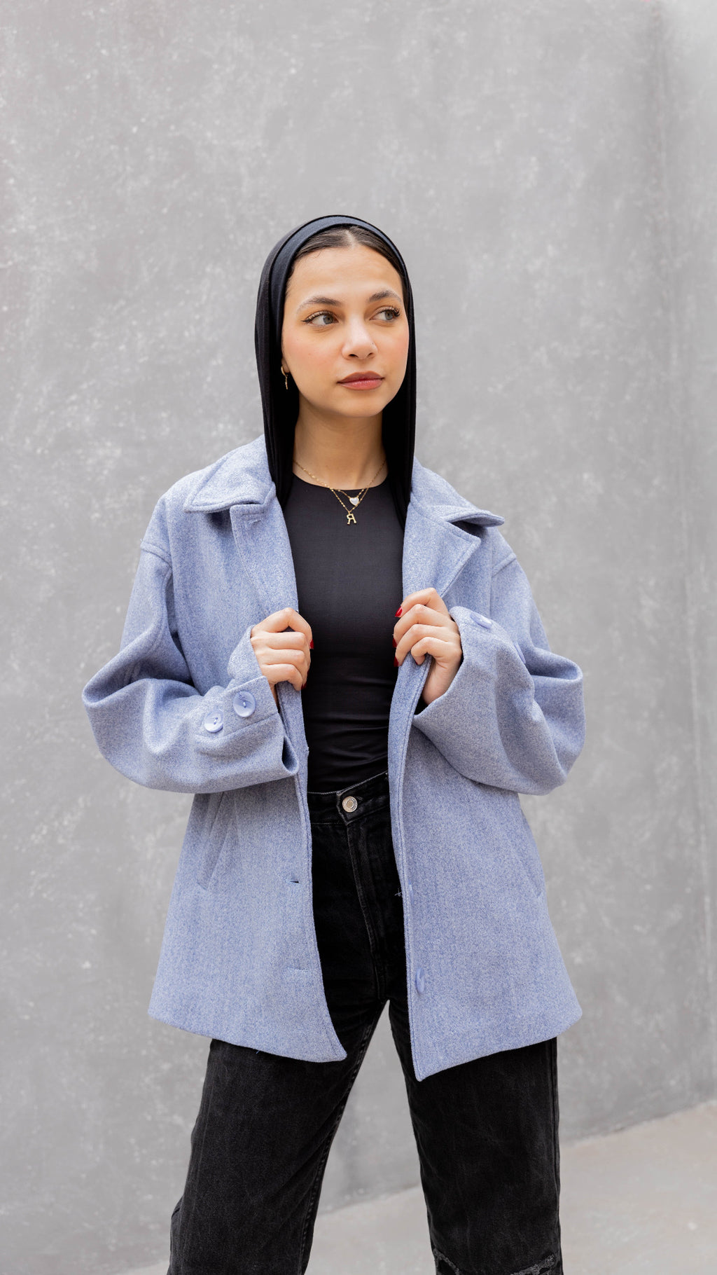 Short Felt Texture Coat in Denim Blue